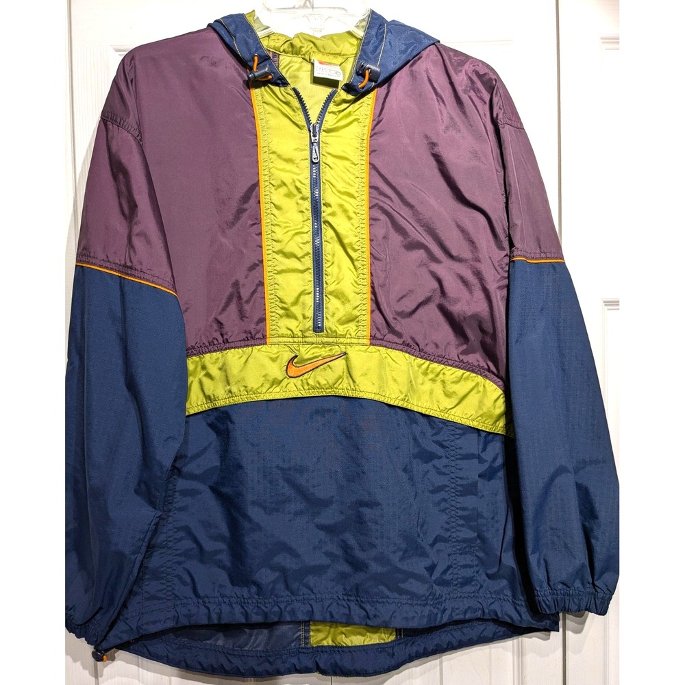 VTG Nike Jacket Women M 8-10 Purple Hooded Pullover Windbreaker Colorblk 1/2 Zip